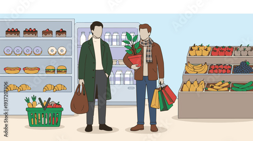 Two men shopping for groceries and a plant in a supermarket aisle
