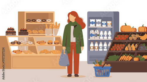 Woman Shopping in Grocery Store with Bakery, Dairy, and Produce Sections