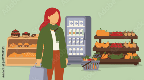 Woman grocery shopping in a supermarket with fresh produce and baked goods