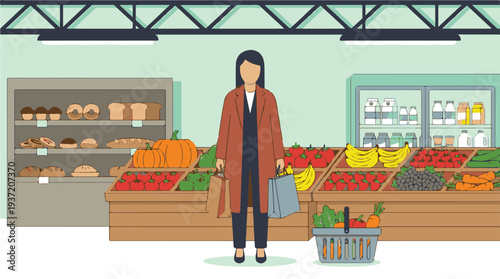 Woman shopping for fresh groceries and produce in a modern supermarket