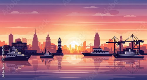 Silhouette of Ships and City Skyline at Sunset.
