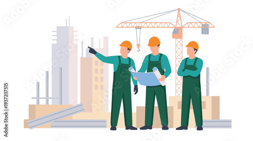 Construction team planning on a building site with crane background