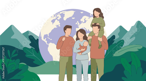 Happy families with children and baby, living sustainably on Earth with nature