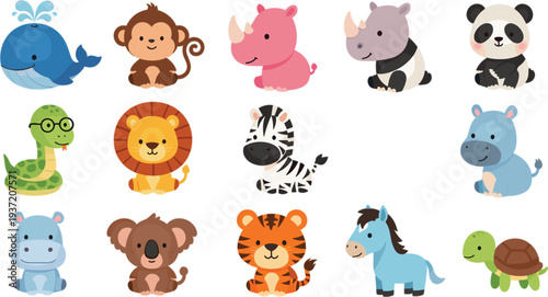 Cute cartoon animal collection including whale monkey rhino panda zebra lion tiger koala horse turtle snake hippo vector illustration set