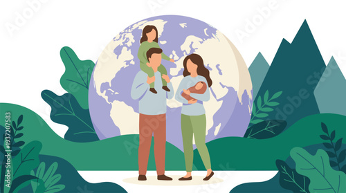 Family embracing nature and the future of the planet Earth