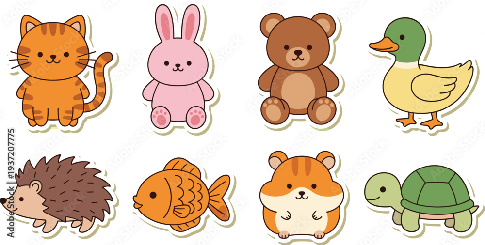 Obraz premium Cute Cartoon Animal Sticker Vector Set with Cat Rabbit Bear Duck Hedgehog Fish Hamster and Turtle