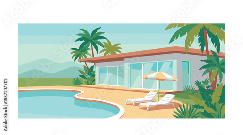 Modern tropical villa with swimming pool and palm trees, vector illustration