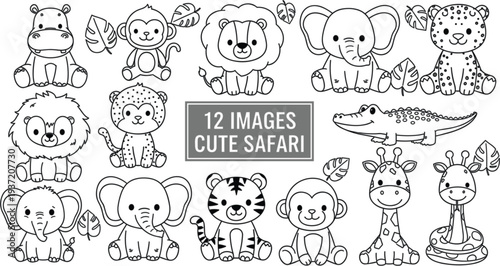 Cute safari animals coloring page collection with lion elephant monkey giraffe tiger crocodile leopard hippo cartoon outline vector illustration set