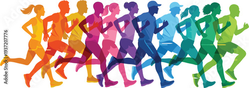 Colorful transparent silhouettes of diverse group of men and women runners jogging in a row, marathon and fitness concept