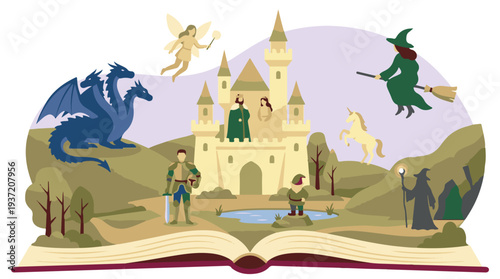 Vibrant Illustration of a Fantasy World from an Open Fairy Tale Book