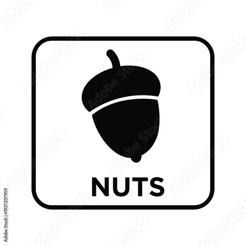 Simple black acorn icon with nuts label in rounded square