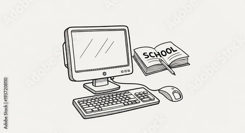Computer with Keyboard and School Book Illustration.