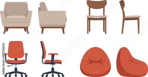 beige armchair, beige sofa, brown wooden chair, two orange office chairs, and two red beanbag seats on white background
