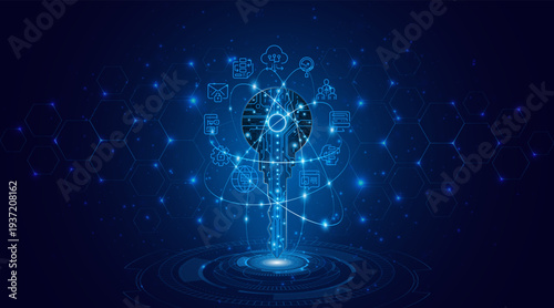 Circuit board key technology. The concept of encryption for cybersecurity and data privacy. Innovative secure technology.