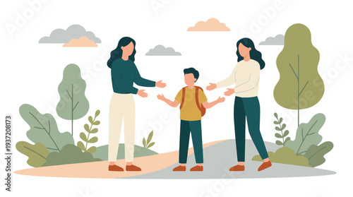 Parents welcoming child in a minimalist outdoor setting, family concept