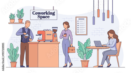 People working and enjoying coffee in a modern coworking space