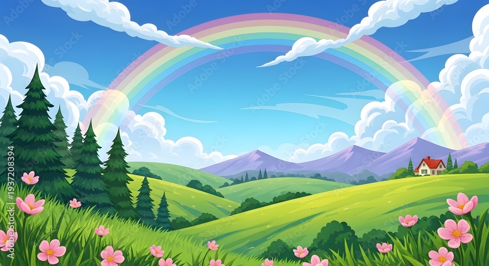 Obraz premium Serene landscape with rainbow over green hills and flowers