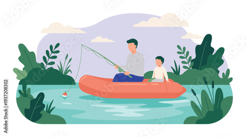 Father and son fishing together in an inflatable boat on a calm lake