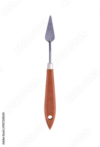 Small metal trowel with wooden handle isolated on white background