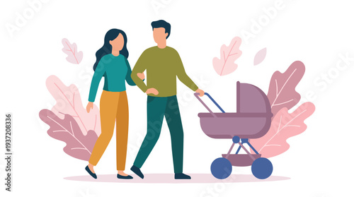 Young family parents walking together with a baby stroller illustration