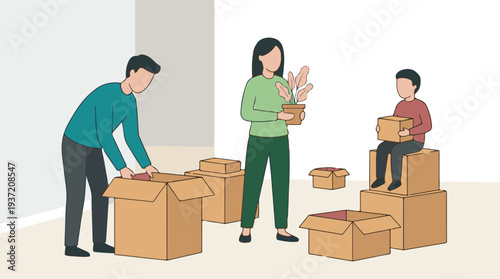 Family moving into new home, packing boxes with plant, minimalist illustration