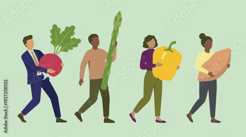 Diverse people carrying large fresh vegetables, flat illustration.