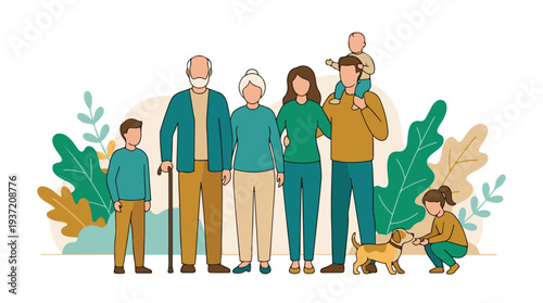 Multi-generational family illustration with baby, child, and pet dog