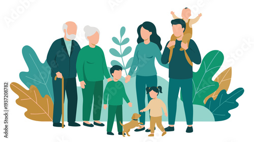 Happy multi-generational family with pet dog surrounded by nature