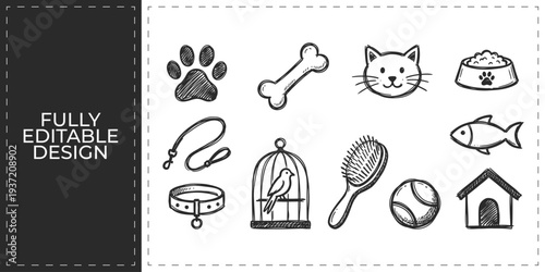 Hand Drawn Pet Care and Animal Vector Icon Collection for Vet Concept Design