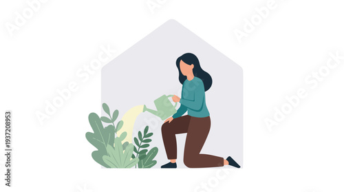 Woman watering houseplants at home, illustrating indoor gardening and care