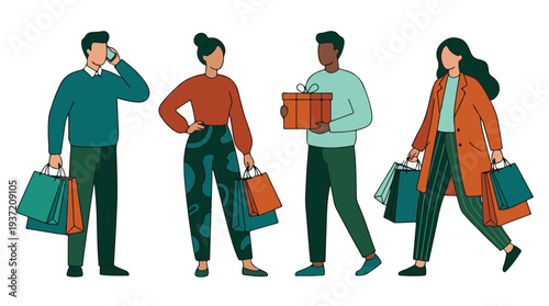 Diverse people enjoying shopping and exchanging gifts illustration