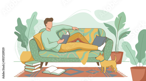 Illustration of man relaxing and reading on sofa with dog at home