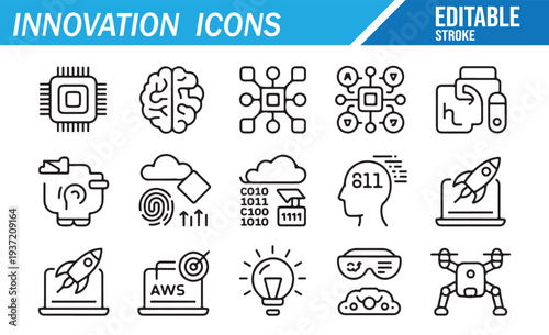 Innovation and technology line icons set with editable stroke modern outline symbols for digital transformation artificial intelligence startup development and smart industry concepts