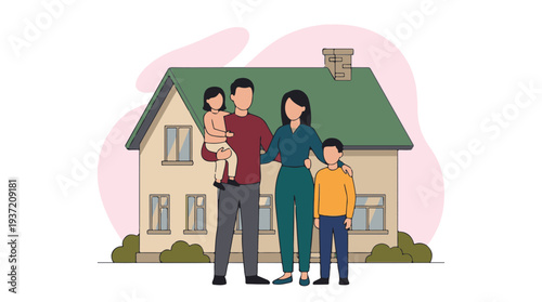 Happy family of four standing together in front of their home illustration