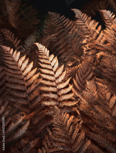 Golden-brown pinnate leaves of a fern.