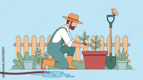 Man in hat and overalls planting a small plant in a peaceful garden