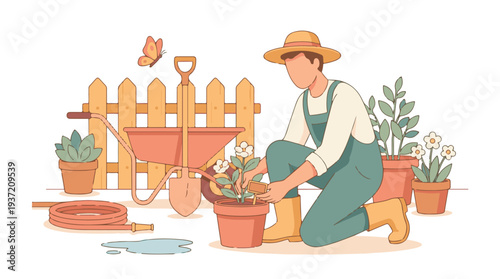 Person planting flowers in a garden with tools and potted plants
