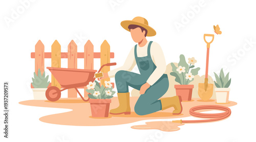 Gardening hobbyist tending to potted plants with tools in a colorful garden