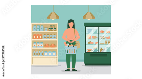 Woman shopping in grocery store with food shelves and refrigerator