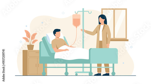 Healthcare professional attending to a patient in a hospital bed with an IV drip