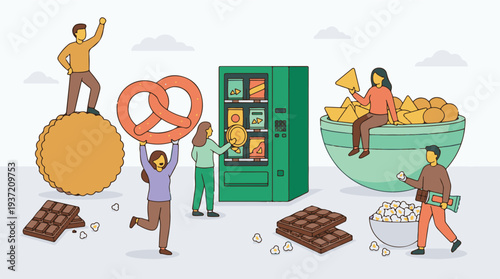 Illustration of people enjoying various snack foods and a vending machine