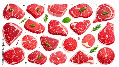 Raw Beef Steak Cuts Vector Illustration Set for Butcher and Cooking