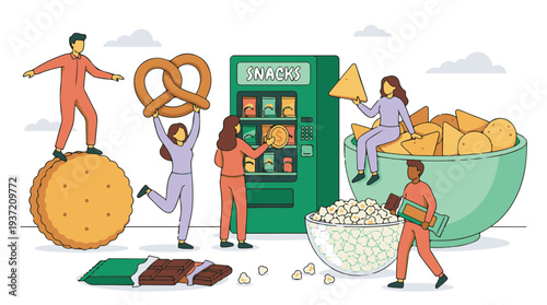 Cartoon illustration of people with large junk food items and snack machine