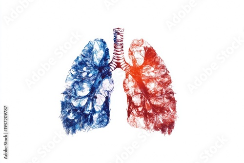 Red and blue human pulmonary circulation system with lungs, representing healthy lung function.