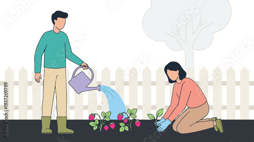 Couple gardening in backyard, watering strawberries and planting seedlings