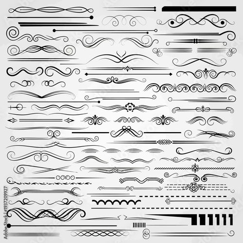 Set of elegant black decorative dividers, borders, and flourishes for text embellishment on a light grey background