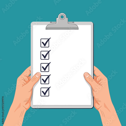 Hands holding clipboard with checklist.