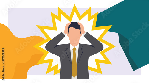 Businessman suffering from stress or headache, holding head with radiating lines