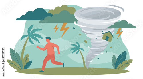 Man running from a powerful tornado and lightning, natural disaster scene