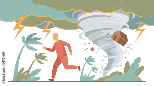 Man running away from a powerful tornado during a severe natural disaster